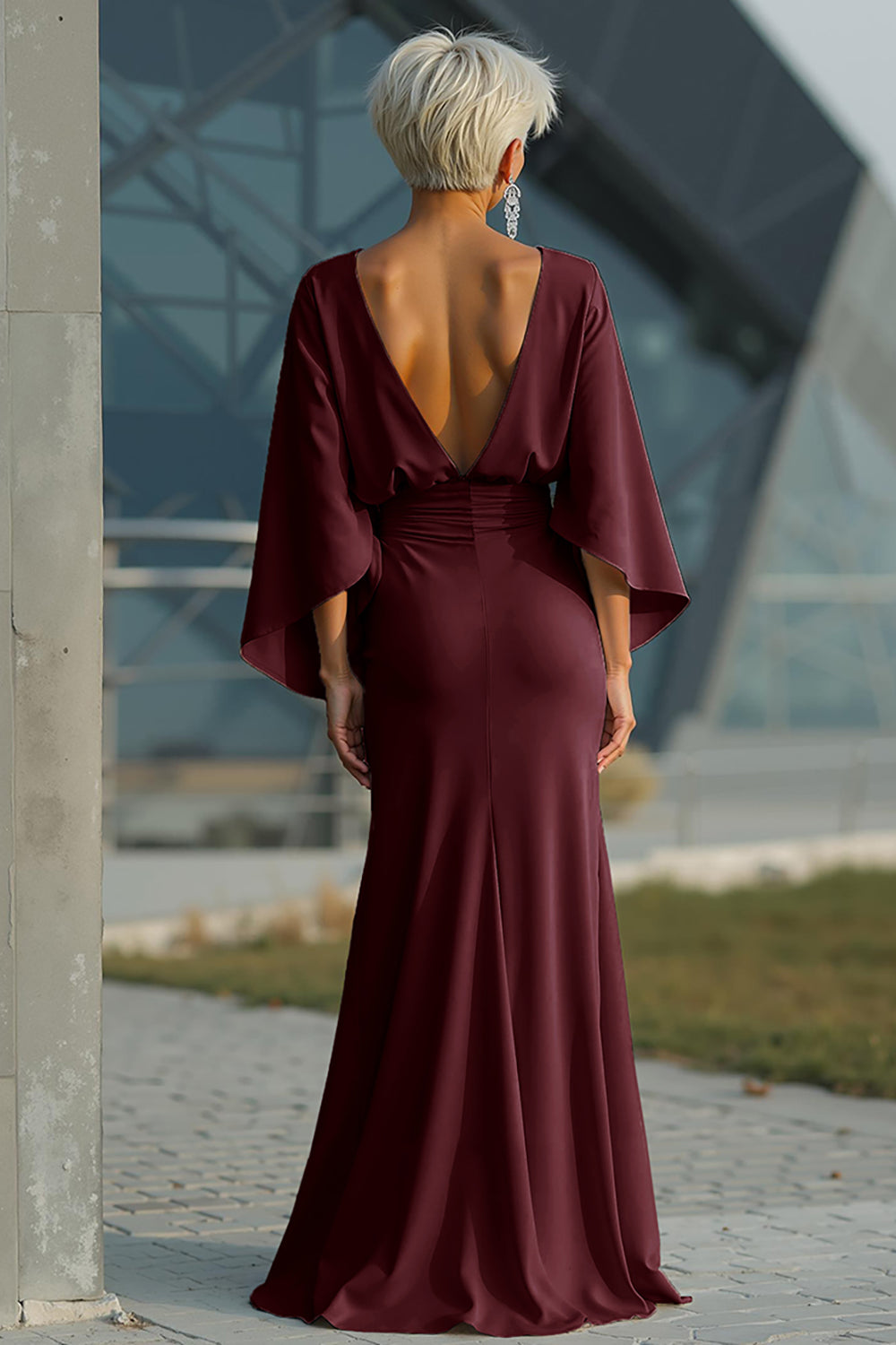 bell sleeve boat neck plain ruched satin maxi mermaid dress Bridal Bell Bottom Arm Dress Bell Sleeve Boat Neck Plain Ruched Satin Maxi Mermaid Dress