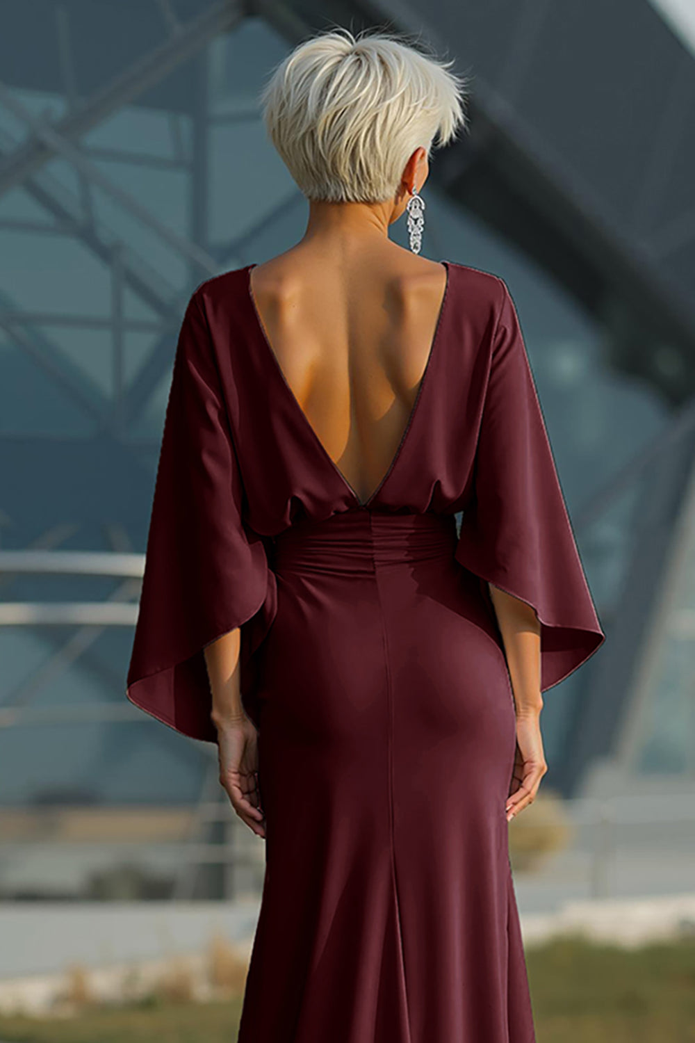 Silver Mermaid Satin Boat Neck Long Mother of the Bride Dress with Pockets