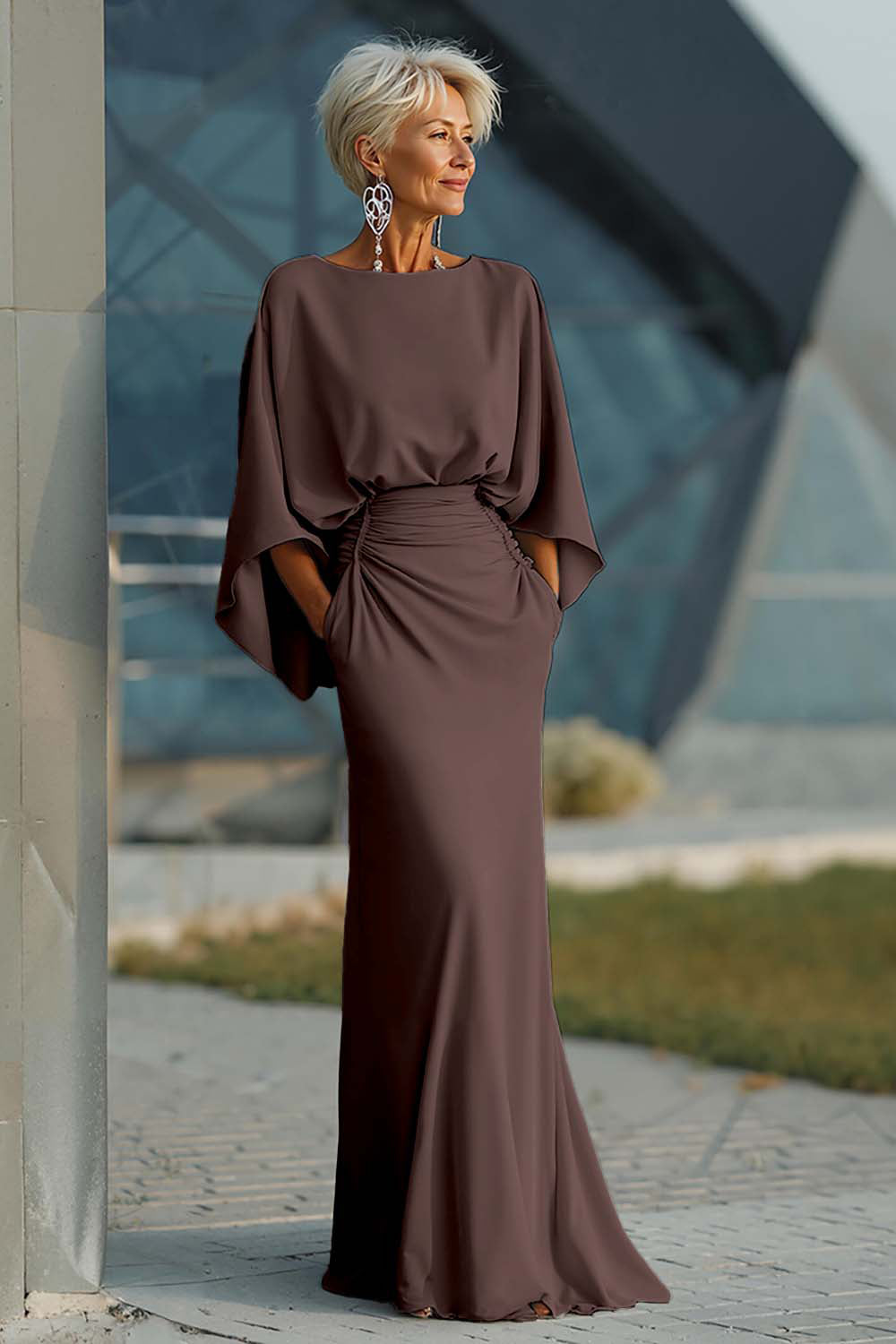 Zapakasa Women Silver Satin Long Mother of the Bride Dress with Sleeves Ruched Boat Neck Sheath Wedding Guest Dress with Pockets Zapakasa Women Silver Satin Long Mother of the Bride Dress with Sleeves Ruched Boat Neck Sheath Wedding Guest Dress with Pockets