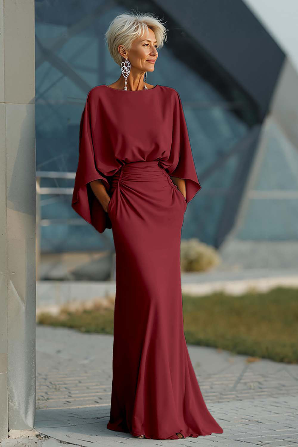 Zapaka Women Silver Mother of The Bride Dress Sheath Boat Neck Open Back 3/4 Sleeves Long Wedding Guest Dress with Pockets, Silver / US20W Zapaka Women Silver Mother of The Bride Dress Sheath Boat Neck Open Back 3/4 Sleeves Long Wedding Guest Dress with Pockets, Silver / US20W