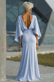 Silver Mermaid Satin Boat Neck Long Mother of the Bride Dress with Pockets