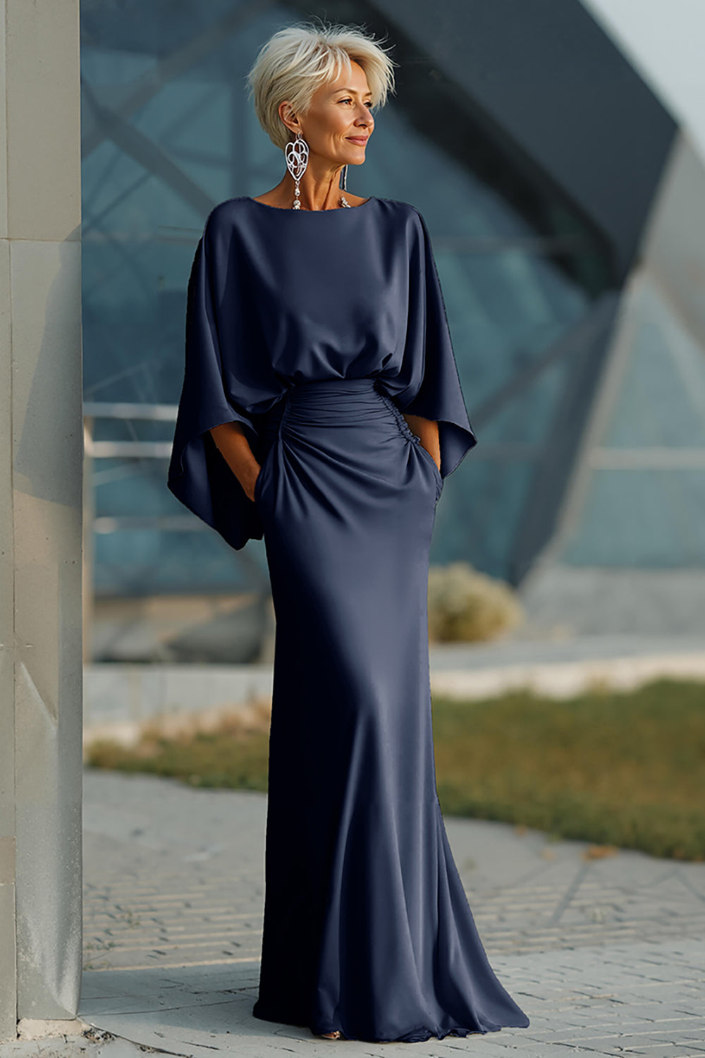 boat neck dress for wedding guest ZAPAKA Women Silver Mother of the Bride Dress Sheath Boat Neck Open Back 3/4 Sleeves Long Wedding Guest Dress with Pockets, Silver / US20W