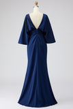 Silver Mermaid Boat Neck Long Mother of the Bride Dress with Pockets