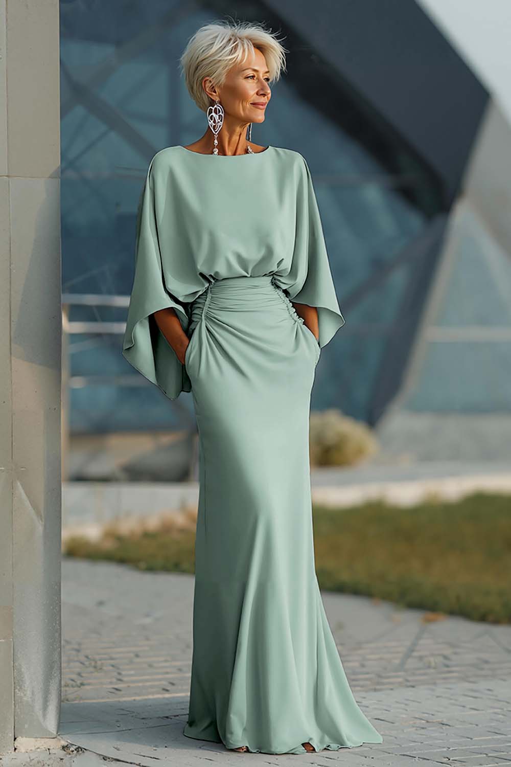 Zapaka Women Silver Mother of The Bride Dress Sheath Boat Neck Open Back 3/4 Sleeves Long Wedding Guest Dress with Pockets, Silver / US20W Zapaka Women Silver Mother of The Bride Dress Sheath Boat Neck Open Back 3/4 Sleeves Long Wedding Guest Dress with Pockets, Silver / US20W