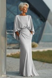 Silver Satin Long Mother of the Bride Dress with Sleeves Ruched Boat Neck Sheath Wedding Guest Dress with Pockets