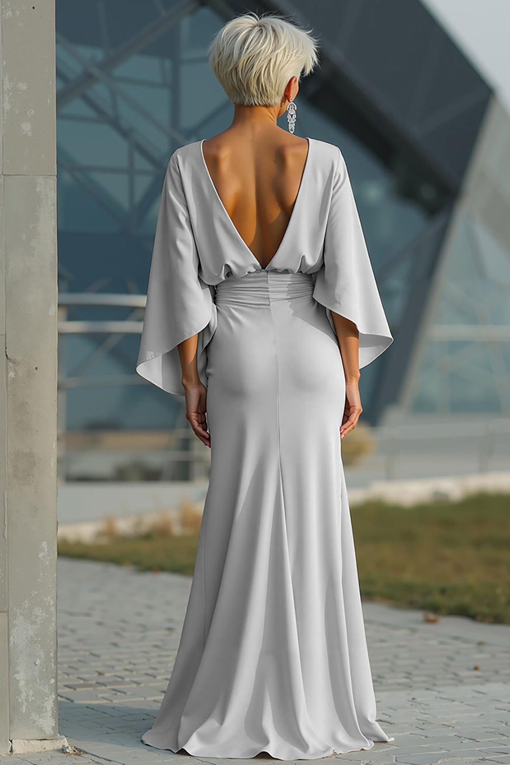 Zapakasa Women Silver Satin Long Mother of the Bride Dress with Sleeves Ruched Boat Neck Sheath Wedding Guest Dress with Pockets Zapakasa Women Silver Satin Long Mother of the Bride Dress with Sleeves Ruched Boat Neck Sheath Wedding Guest Dress with Pockets