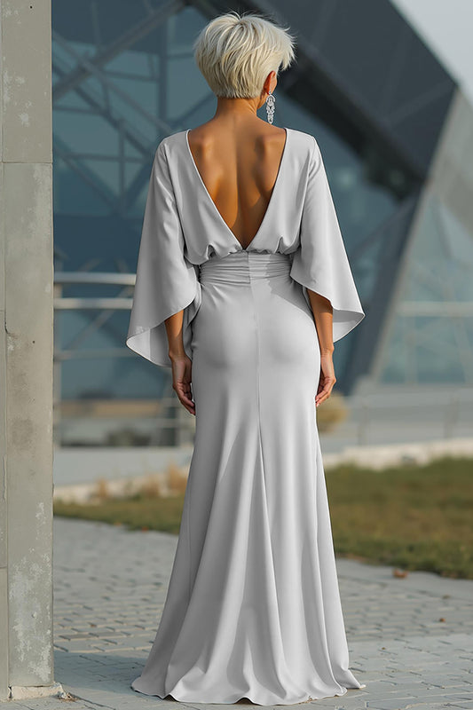 Silver Mermaid Satin Boat Neck Long Mother of the Bride Dress with Pockets