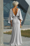 Silver Mermaid Satin Boat Neck Long Mother of the Bride Dress with Pockets