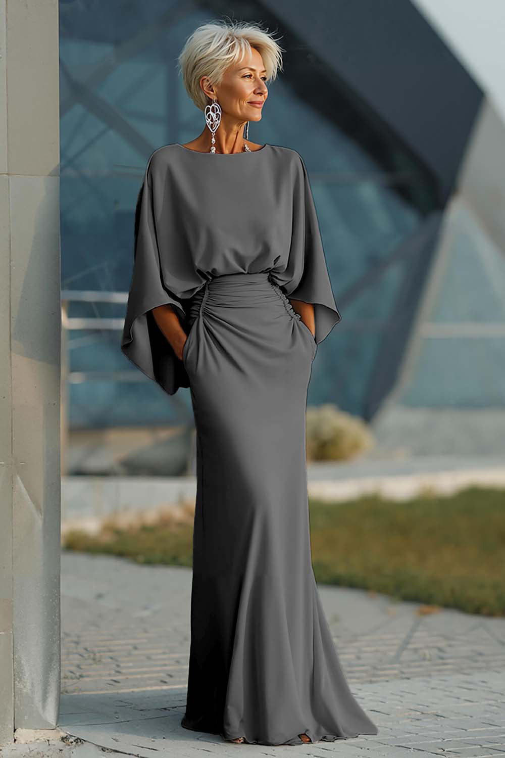 Silver Mermaid Satin Boat Neck Long Mother of the Bride Dress with Pockets