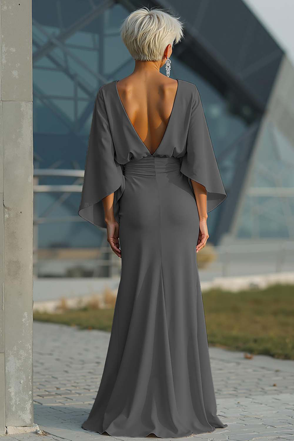 Silver Mermaid Satin Boat Neck Long Mother of the Bride Dress with Pockets