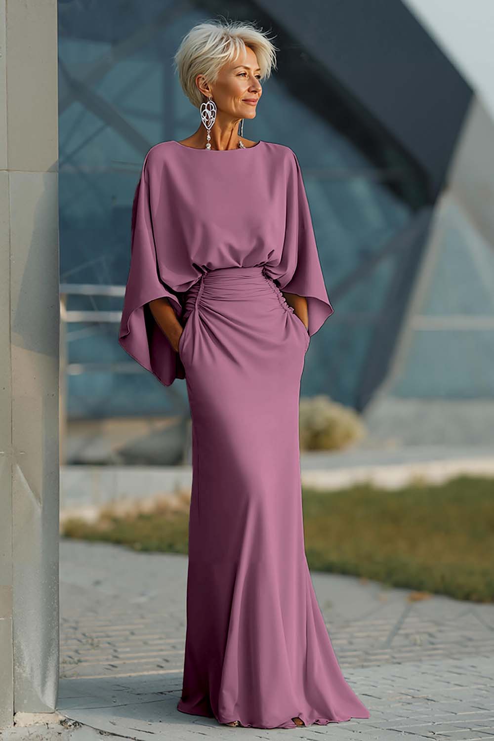 Zapakasa Women Silver Satin Long Mother of the Bride Dress with Sleeves Ruched Boat Neck Sheath Wedding Guest Dress with Pockets Zapakasa Women Silver Satin Long Mother of the Bride Dress with Sleeves Ruched Boat Neck Sheath Wedding Guest Dress with Pockets