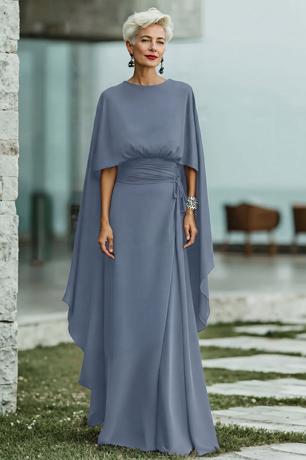 Black Round Neck Ruched Long Mother of the Bride Dress with Cape