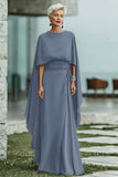 Black Round Neck Ruched Long Mother of the Bride Dress with Cape