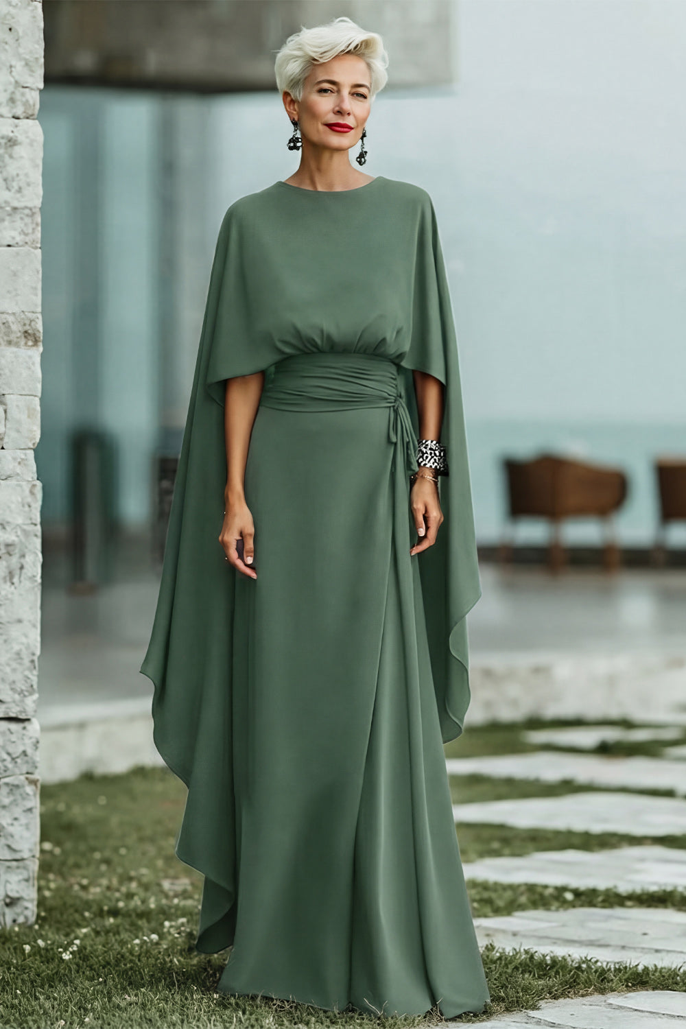 Black Round Neck Ruched Long Mother of the Bride Dress with Cape
