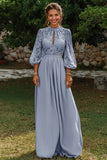 Dusty Blue A Line Puff Sleeves Keyhole Long Mother of the Bride Dress
