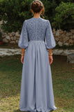 Dusty Blue A Line Puff Sleeves Keyhole Long Mother of the Bride Dress