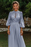 Dusty Blue A Line Puff Sleeves Keyhole Long Mother of the Bride Dress