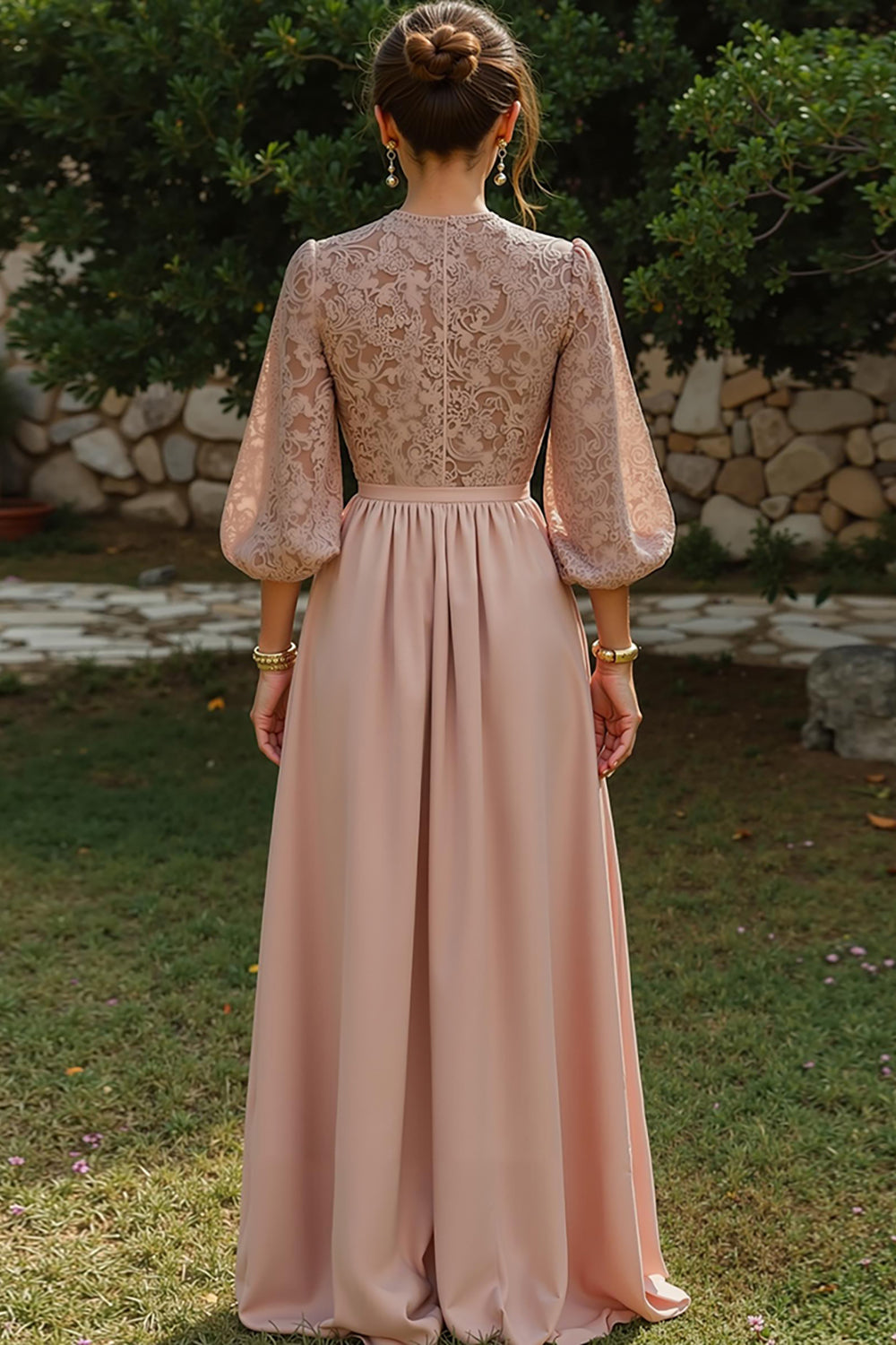 Dusty Blue A Line Puff Sleeves Keyhole Long Mother of the Bride Dress