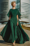 Dark Green Round Neck Long Mother of the Bride Pantsuits with Cape