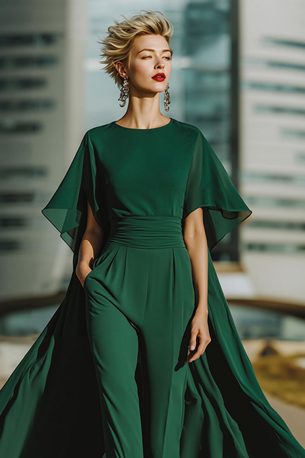 Dark Green Round Neck Long Mother of the Bride Pantsuits with Cape