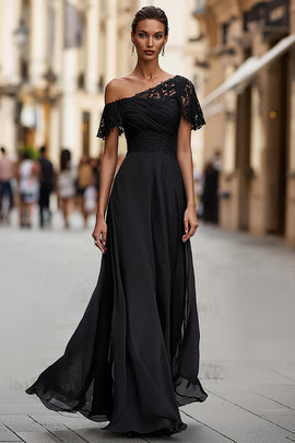 Black A Line One Shoulder Long Mother of the Bride Dress with Lace