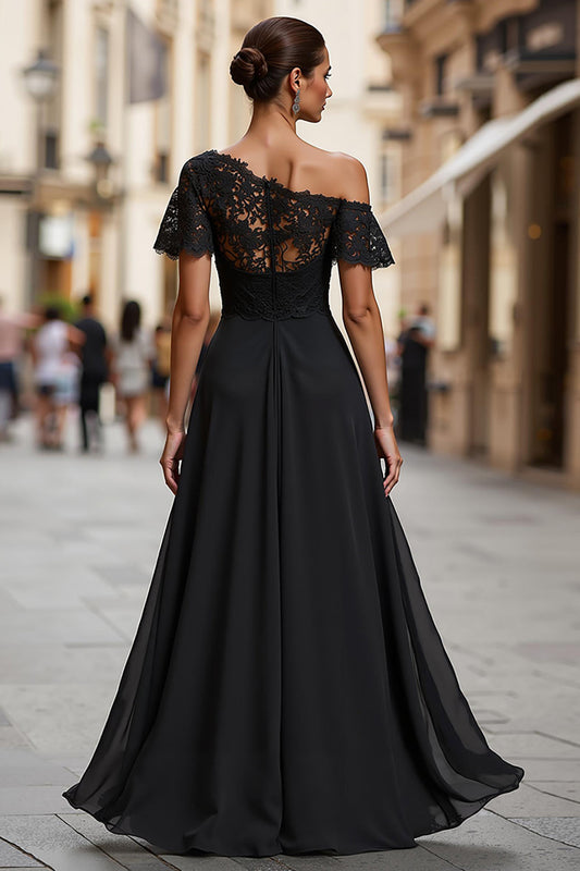 Black A Line One Shoulder Long Mother of the Bride Dress with Lace