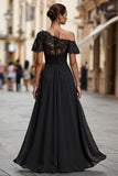 Black A Line One Shoulder Long Mother of the Bride Dress with Lace
