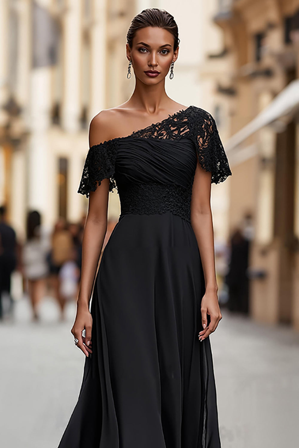 Black A Line One Shoulder Long Mother of the Bride Dress with Lace