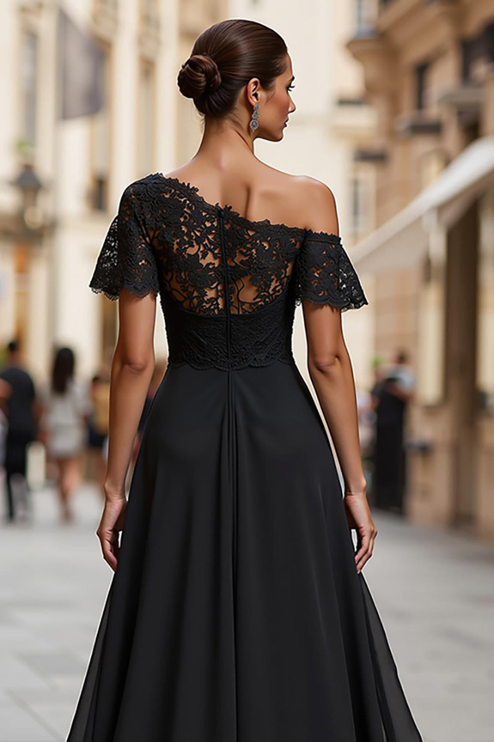Black A Line One Shoulder Long Mother of the Bride Dress with Lace