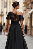 Black A Line One Shoulder Long Mother of the Bride Dress with Lace