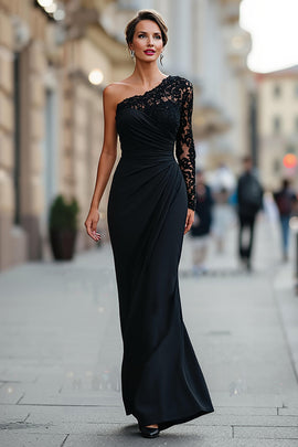 Black Mermaid One Shoulder Long Mother of the Bride Dress with Lace