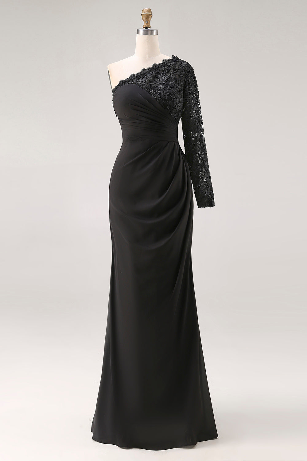 Black One Shoulder Mermaid Long Sleeves Mother of the Bride Dress with Lace
