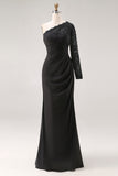 Black One Shoulder Mermaid Long Sleeves Mother of the Bride Dress with Lace