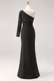 Black One Shoulder Mermaid Long Sleeves Mother of the Bride Dress with Lace