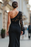 Black Mermaid One Shoulder Long Mother of the Bride Dress with Lace