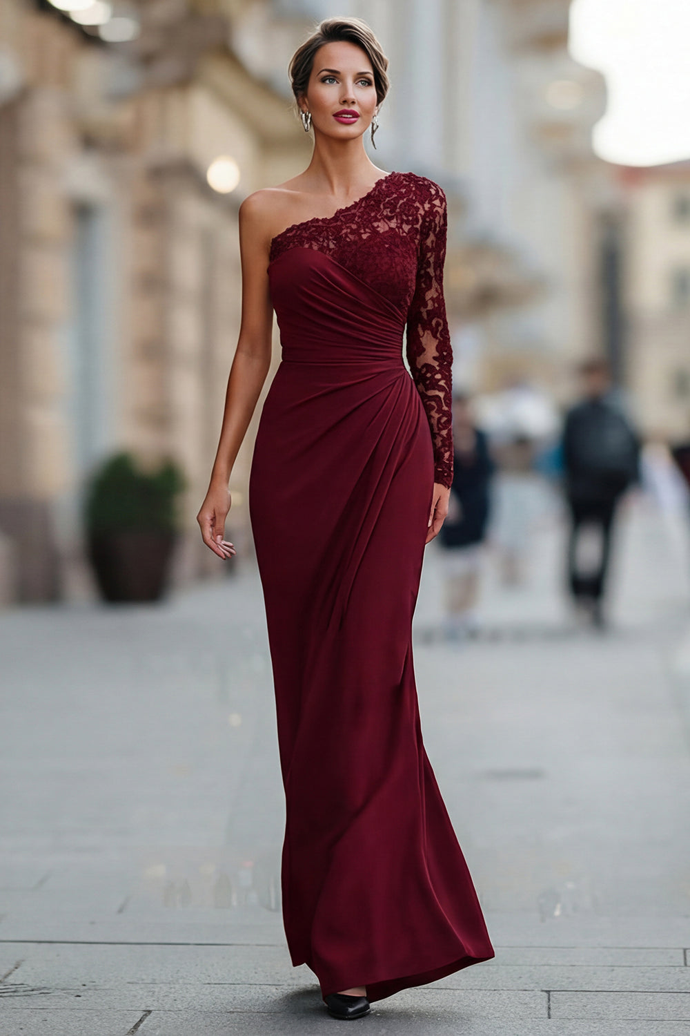 Black Ruched Long Sleeves Mother of the Bride Dress with Lace Mermaid One Shoulder Black Tie Dress
