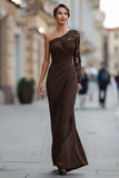 Black Ruched Long Sleeves Mother of the Bride Dress with Lace Mermaid One Shoulder Black Tie Dress