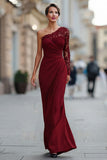 Black Ruched Long Sleeves Mother of the Bride Dress with Lace Mermaid One Shoulder Black Tie Dress