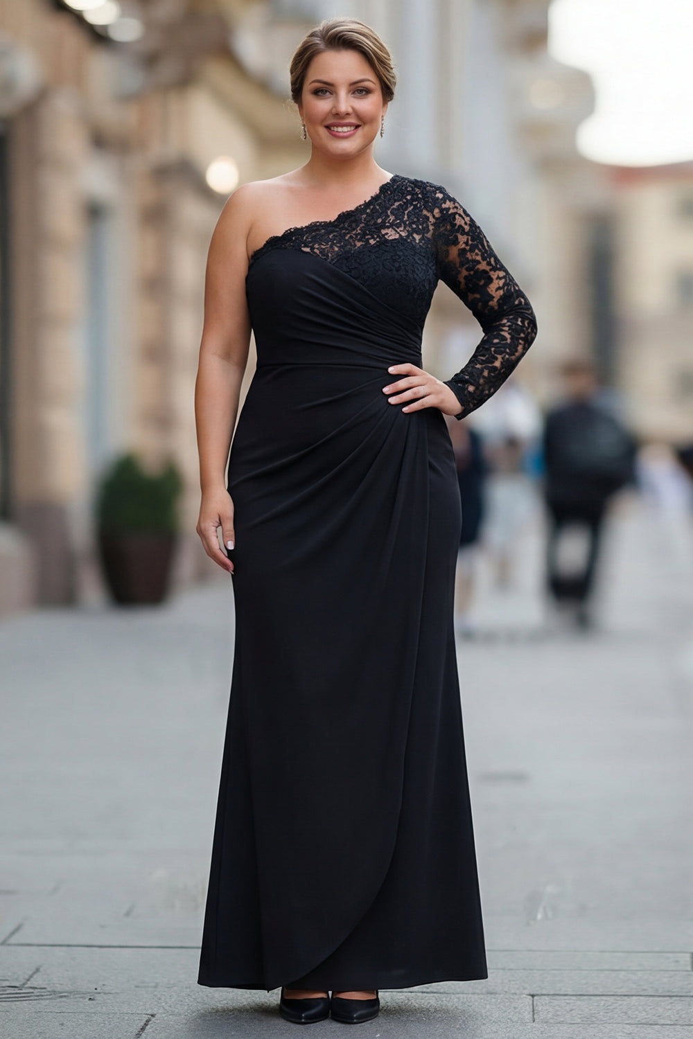 Black One Shoulder Mermaid Long Sleeves Mother of the Bride Dress with Lace