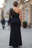 Plus Size Black One Shoulder Mermaid Long Sleeves Mother of the Bride Dress with Lace