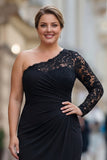 Plus Size Black One Shoulder Mermaid Long Sleeves Mother of the Bride Dress with Lace