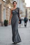 Black One Shoulder Mermaid Long Sleeves Mother of the Bride Dress with Lace