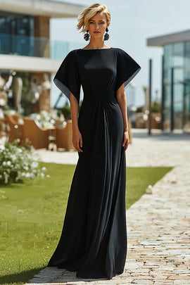 Black Sheath Bateau Neck Long Mother of the Bride Dress with Sleeves
