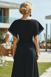 Black Sheath Bateau Neck Long Mother of the Bride Dress with Sleeves