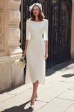Ivory Satin Boat Neck Midi Wedding Dress with Sleeves