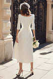Ivory Satin Boat Neck Midi Wedding Dress with Sleeves