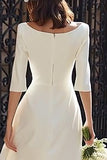 Ivory Satin Boat Neck Midi Wedding Dress with Sleeves