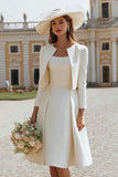Ivory 2 Piece Satin Boat Neck Midi Wedding Dress with Jacket