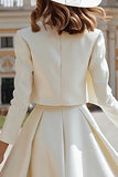Ivory 2 Piece Satin Boat Neck Midi Wedding Dress with Jacket