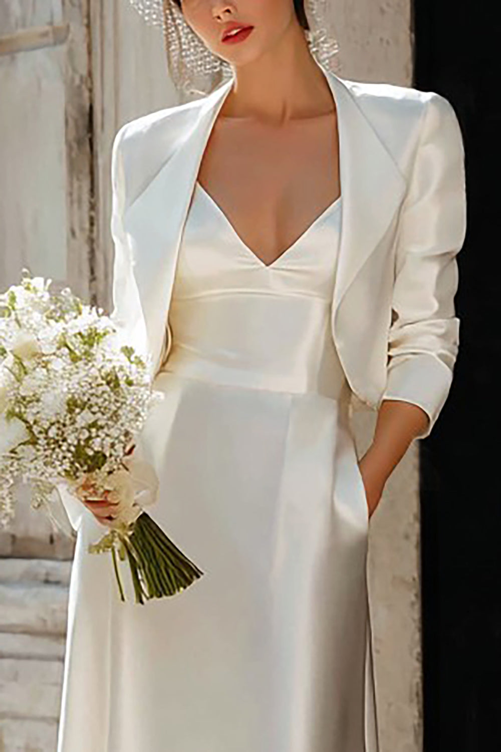 Ivory Satin 2 Piece V Neck Sheath Floor Length Wedding Dress with Jacket